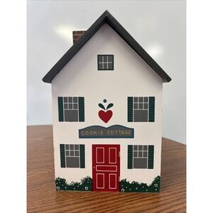 Vintage Cookie Cottage Wood Cookie Jar Holder Old World Primitive House Canister